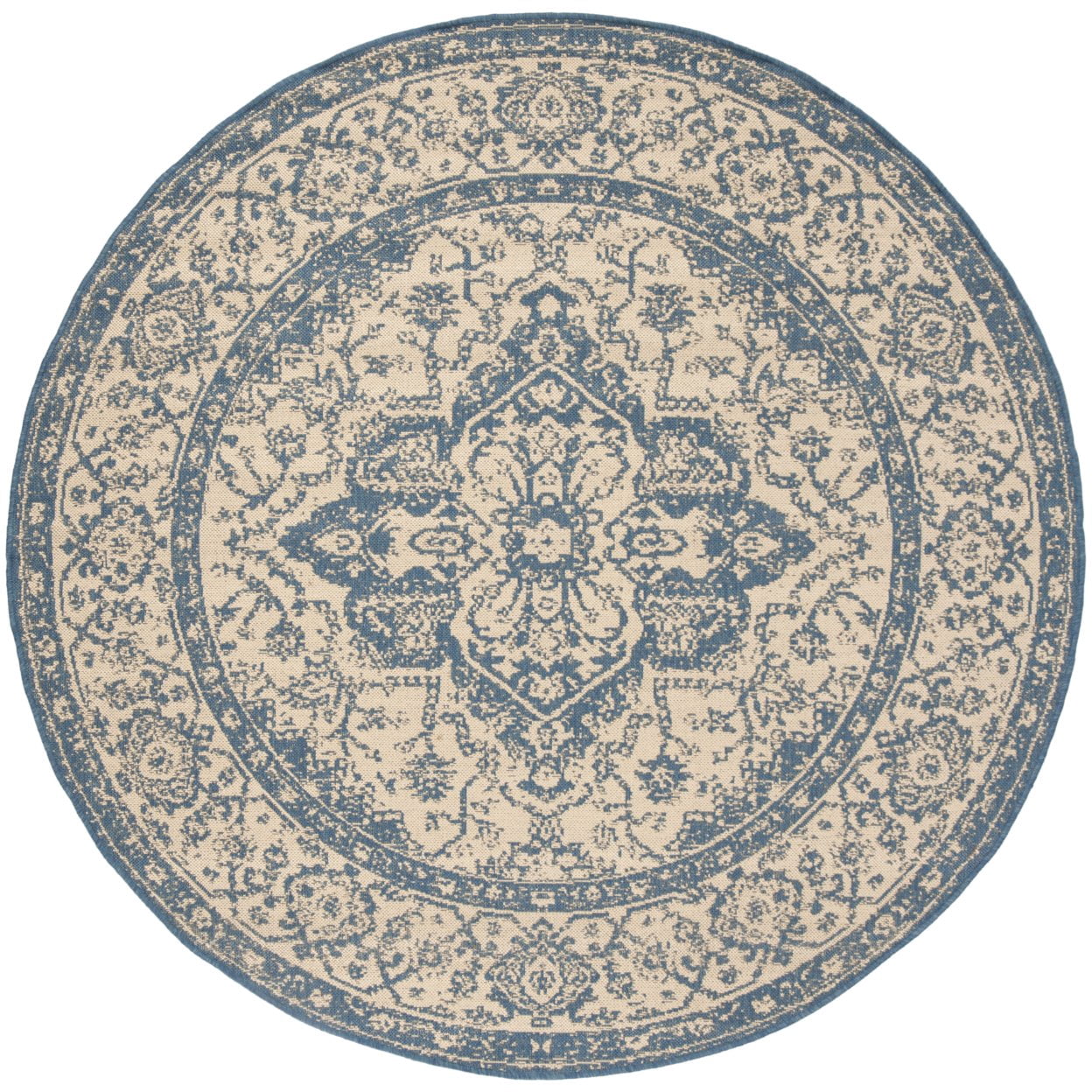 SAFAVIEH Beach House Stanice Medallion Indoor/Outdoor Area Rug, Cream/Blue, 6'7" x 6'7" Round