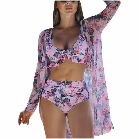 WREESH Women s 3-Piece Boho Floral Swimsuit Set   High-Waist Bikini & Kimono Cover-Up Quick-Dry Swimwear for Pool/Beach Pink