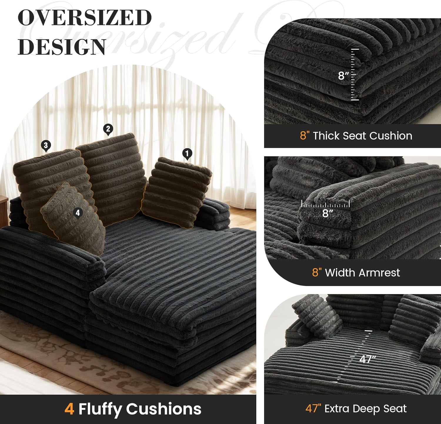 Oversized Chaise Lounge Chair Indoor, Upholstered Sofa Bed with Throw Pillows and Armrests, Sleeper Chair for Living Room, Bedroom