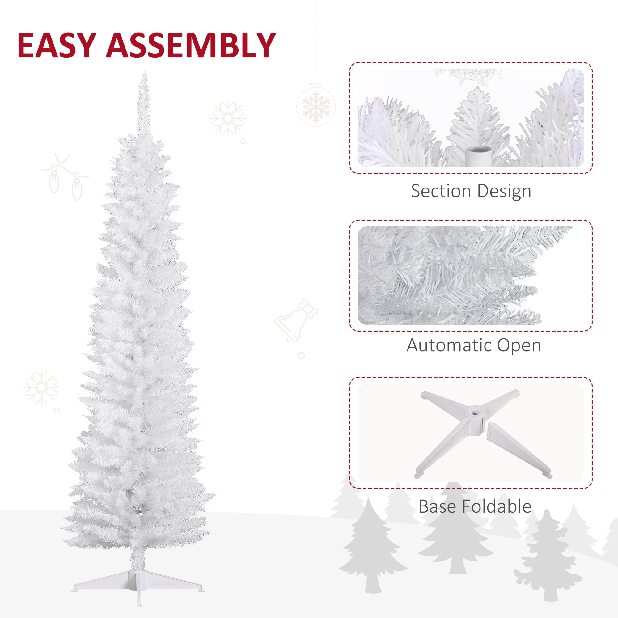 HOMCOM Unlit Slim Noble Fir Hinged Artificial Christmas Tree with Realistic Plastic Branches and 390 Tips, 6' Tall, White