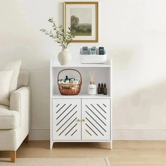 PinkSheep Bathroom Floor Storage Cabinet, Free Standing Shelving Unit Organizer Stand with 2 Doors 3 Shelves for Small Spaces, White