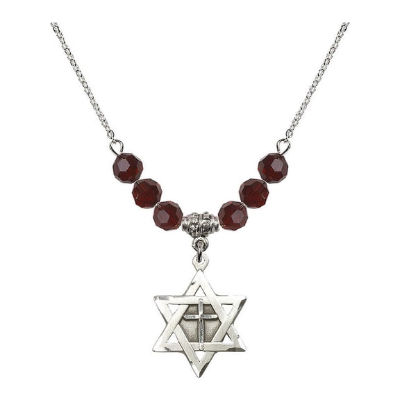 18-Inch Rhodium Plated Necklace with 6mm Red January Birth Month Stone Beads and Star of David w/ Cross Charm
