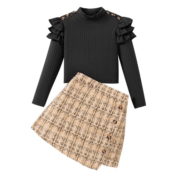 Yaoqi 9T Big Girl Outfit Set 10T Tween Girls Winter Clothes Ruffle Long Sleeves Knitted Top Plaid Hearts Button Skirt 2pcs Warm Clothing Black