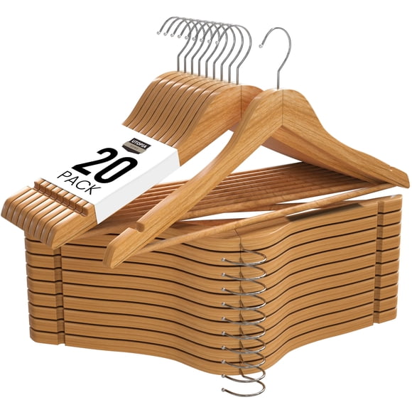 Utopia Home Pack of 20 Non-Slip Premium Wooden Hangers - 360 Degree Rotatable Hook - Durable & Slim - Shoulder Grooves - Lightweight Hangers for Coats, Suits, Pants and Jackets - Natural Finish