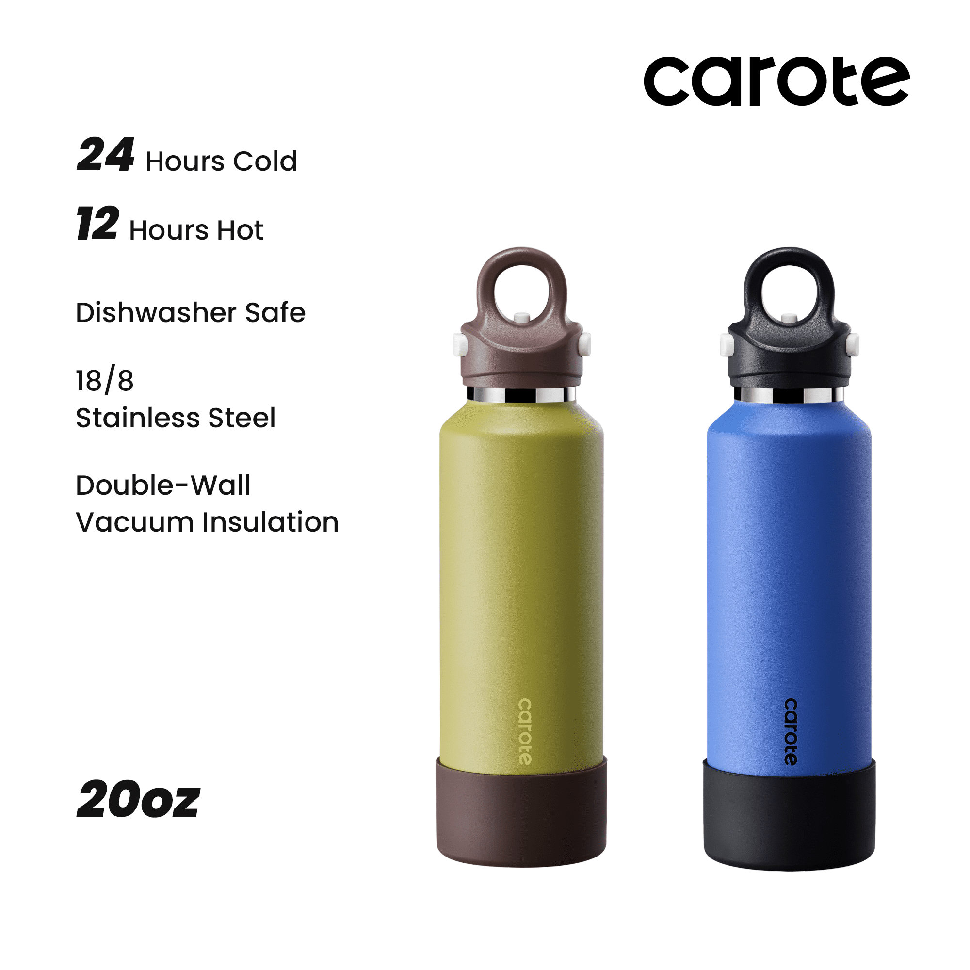 Carote 2pcs One-Click-Open Insulated Stainless Steel Water Bottle Set, 20 fl oz, Blue & Green