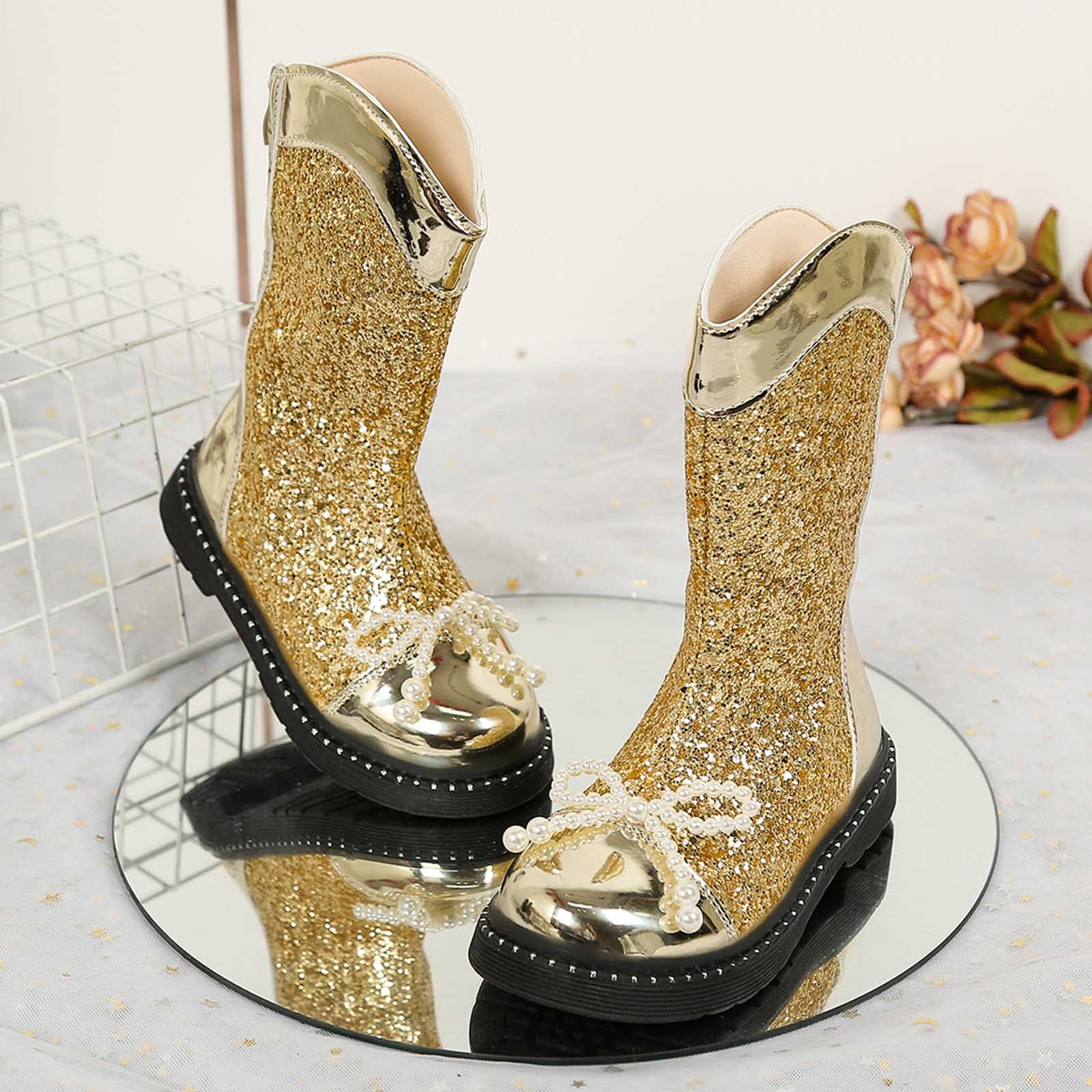 CXYYY Gold Sparkly Leather Boots for Girls Winter Trendy Bow Mid