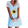 thumbnail image 1 of Puntoco Vestido De Manga Corta Con Cuello En V, Vestido De Manga Corta Con Encaje Y Cuello En V Con Estampado De Girasol Para Mujer Azul L, 1 of 3