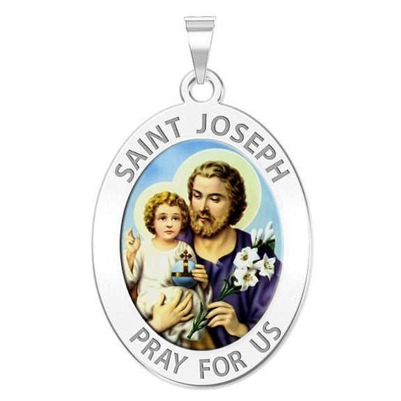 Saint Joseph Religious Oval Color Medal  - 1/2 inch x 2/3 inch - Sterling Silver