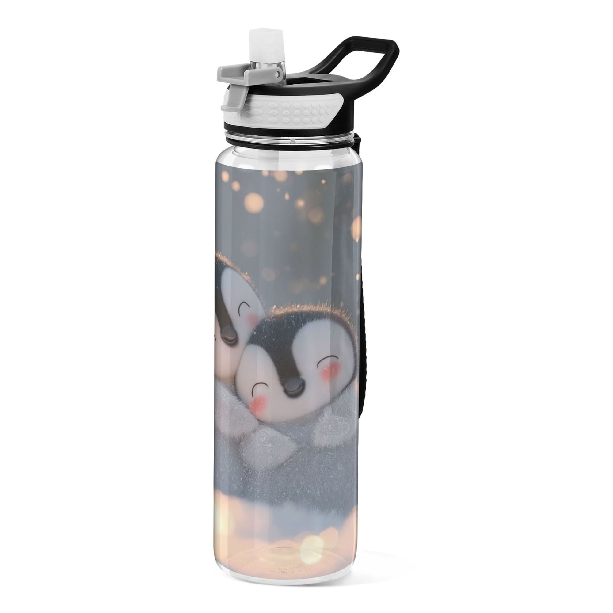 1000ML Transparent Sports Water Bottle with Handle & Straw Portable Water Bottle for Outdoor Camping Gym Hugging Penguins Pattern