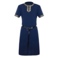 thumbnail image 3 of Gold Embroidery Collar Warrior Top, Short Sleeve Medieval Viking Tunic, Gold Embroidery Collar Renaissance Warrior Costume Top With Belt, Multi Color Larp Cosplay Shirt, Dark Blue XXL, 3 of 6