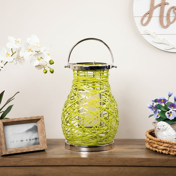 Northlight Woven Iron Pillar Candle Lantern with Glass Hurricane - 13.5" - Green