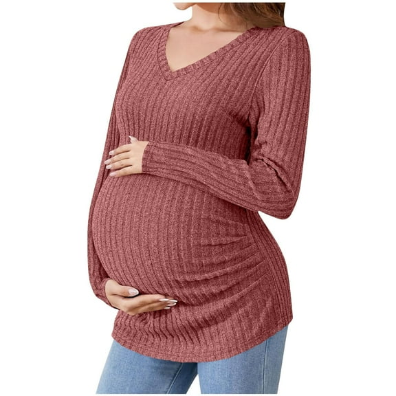 Akafmk Womens Long Sleeve Maternity Tops,Womens Maternity Solid Color Ribbed Long Sleeve V Neck Casual Fitted Curved Hem Stretchy Pregnancy Pregnant Mama Tops