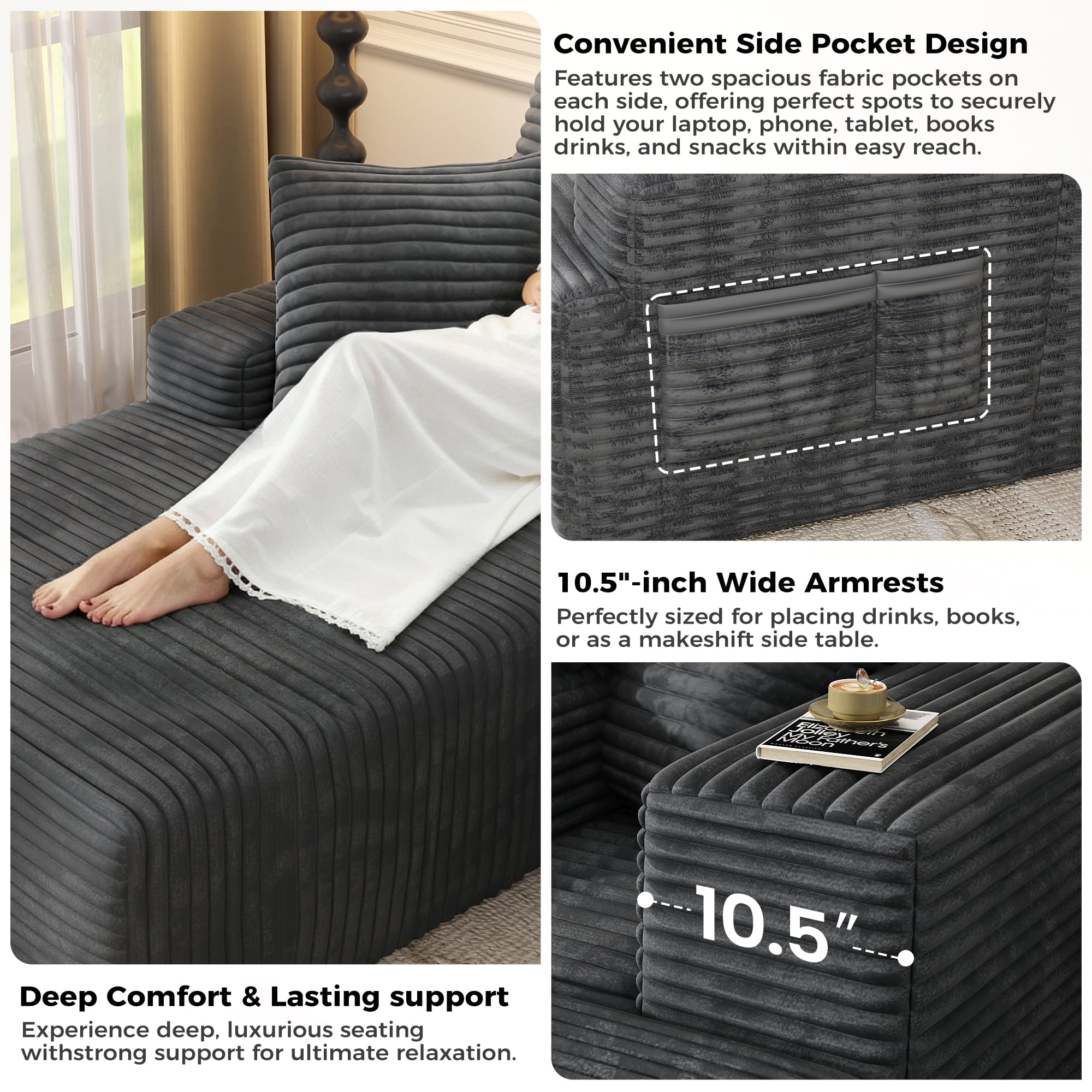 104" Modular L-Shaped Sectional Sofa, No Assembly Required Boneless Sofa with Chaise, High Resilience Foam & Corduroy Fabric, for Living Room Bedroom,(Charcoal)