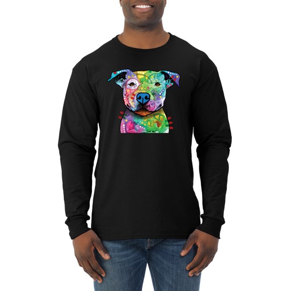 Neon Rainbow Trippy Cute Pitbull Dog Straight at You Dog Lover Mens Long Sleeve Shirt, Black, Small