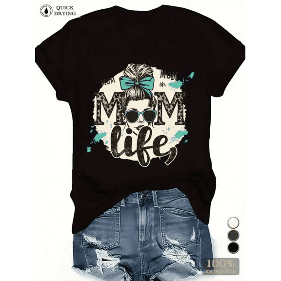 BESTLUCKY Women's "Mom Life" graphic T-shirt - Casual black T-shirt, stylish mom design, short sleeve, round neck, perfect for everyday wear, casual style