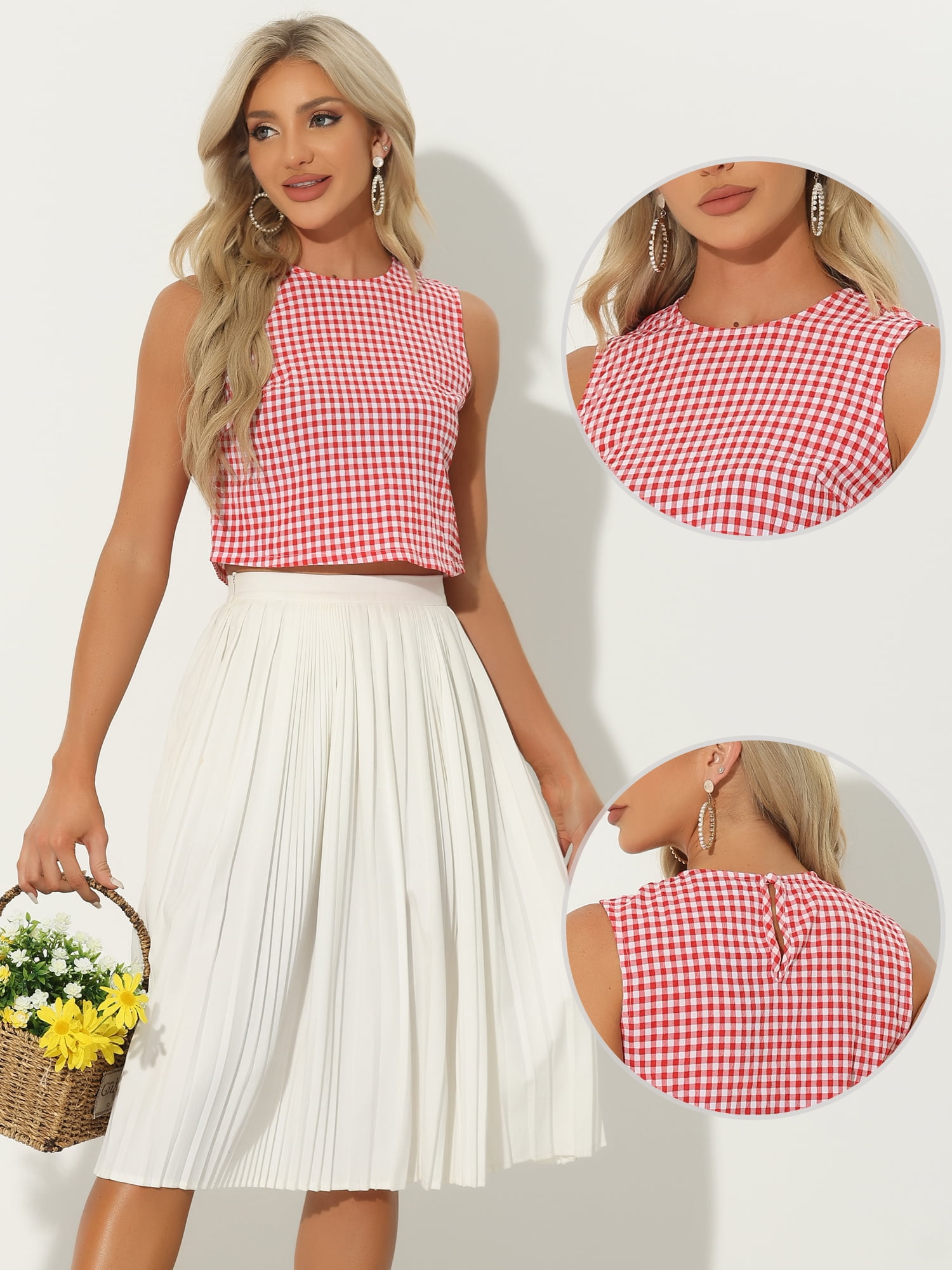 Unique Bargains Women's Blouse Sleeveless Vintage Summer Ginham Tops XS Red XS Red