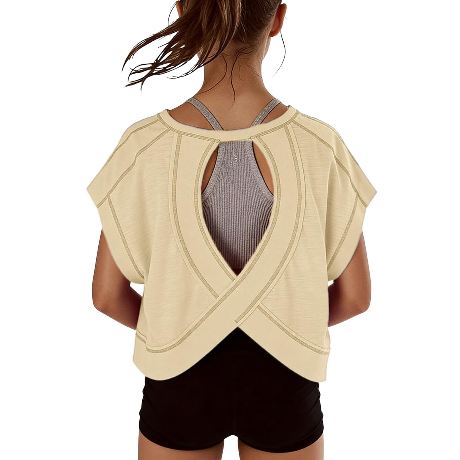 Faraee Teen Girls Open Back Shirts Backless Yoga Workout Summer Cute Tee Tops Short Sleeve Crop Oversized T Shirts Clothes 4t 5t 6t 7t 4-14 Years Beige