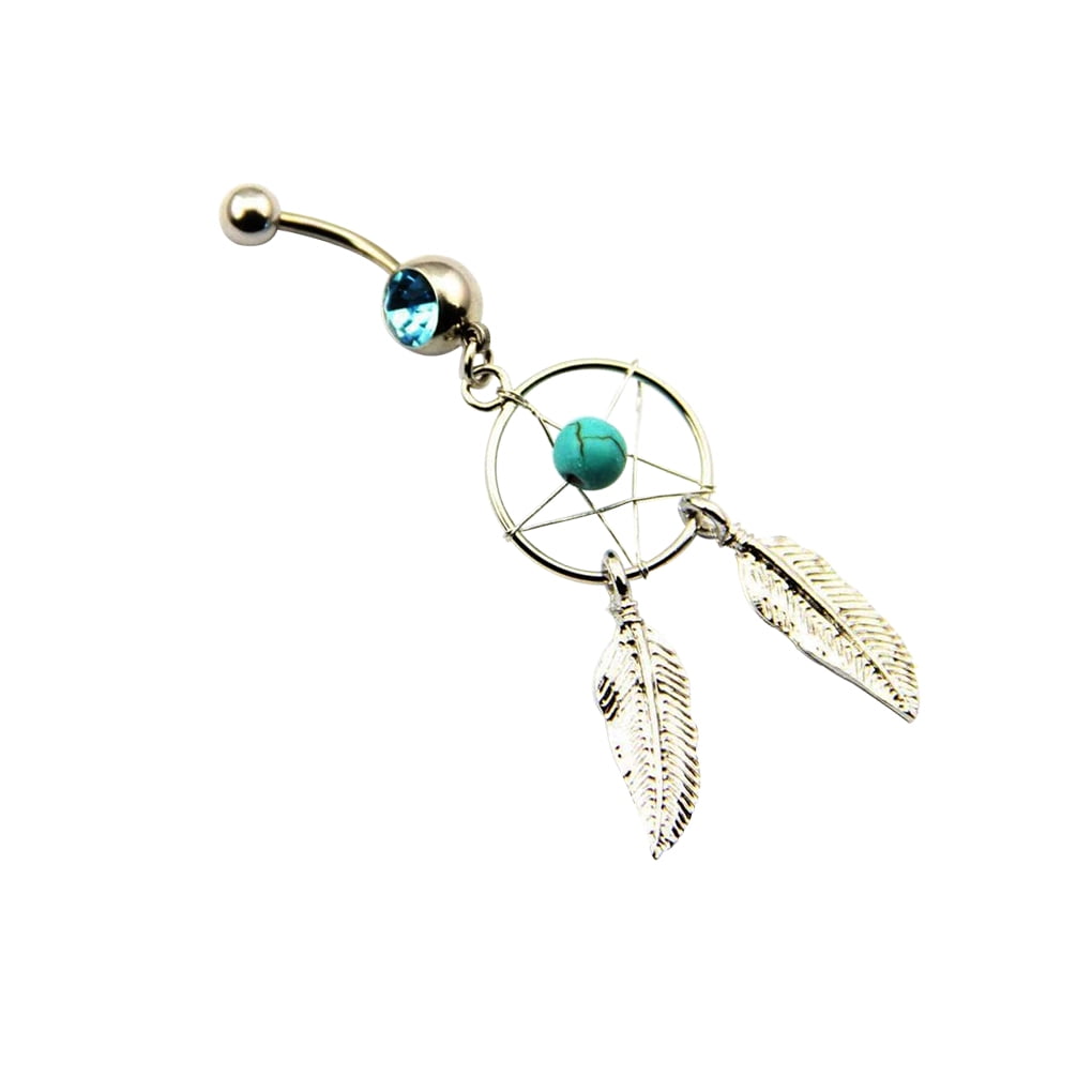 14G 3/8" FOUR FEATHER DREAMCATCHER BELLY BUTTON RING STEEL NAVEL PIERCING 