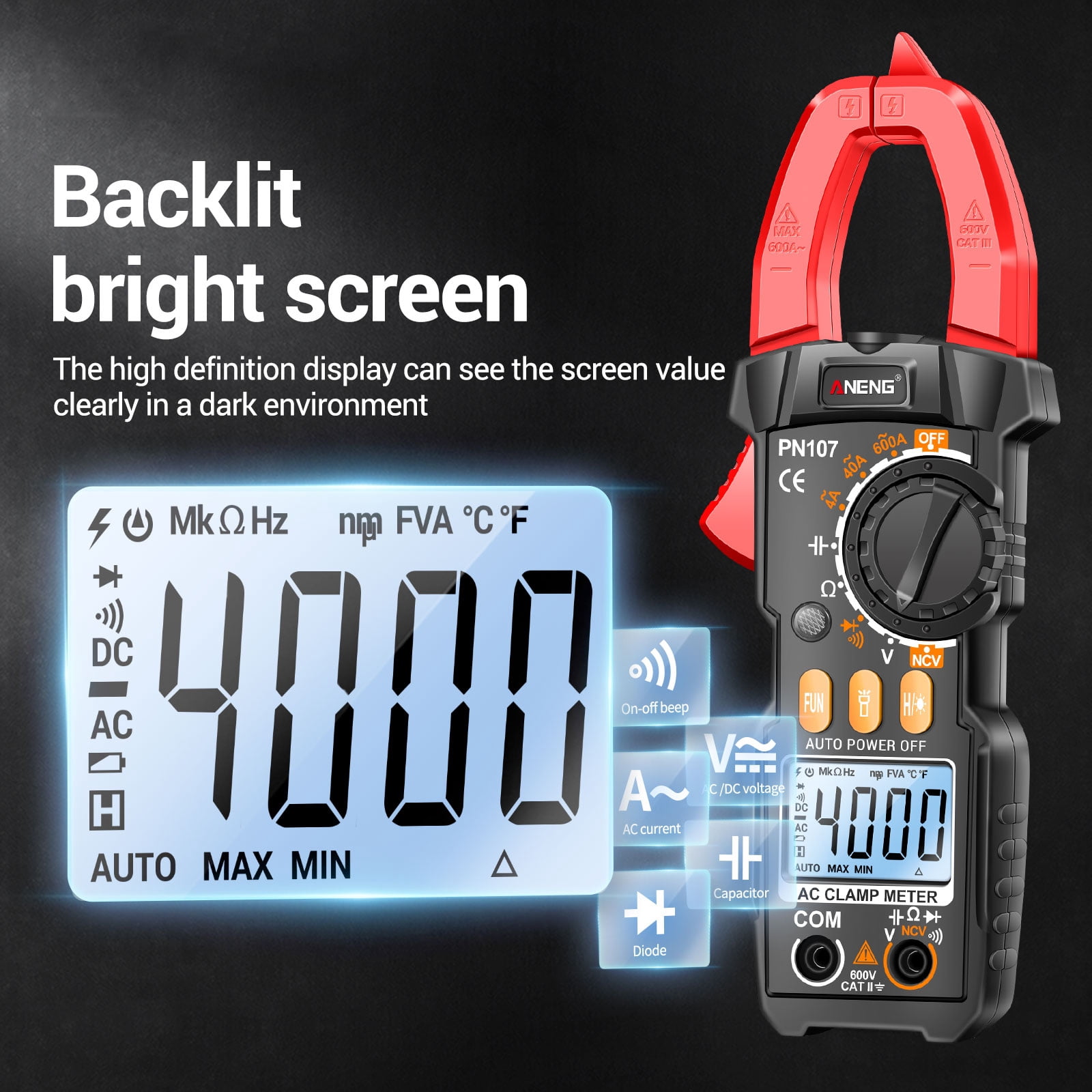 ANENG PN107 Digital Clamp Meter CAT II 600V AC Voltage Multimeter Tester 4000 Counts Amp Voltage Tester Measures AC/DC Current AC Voltage Resistance Capacitor Diodes