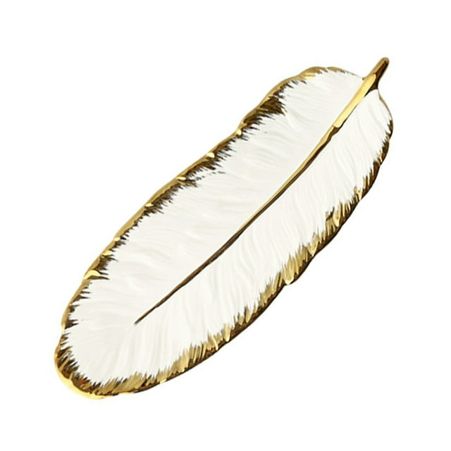 Graflsoa Elegant Gold-Rimmed Ceramic Feather Tray for Jewelry, Desserts, and Snacks – Large White Decorative Dish