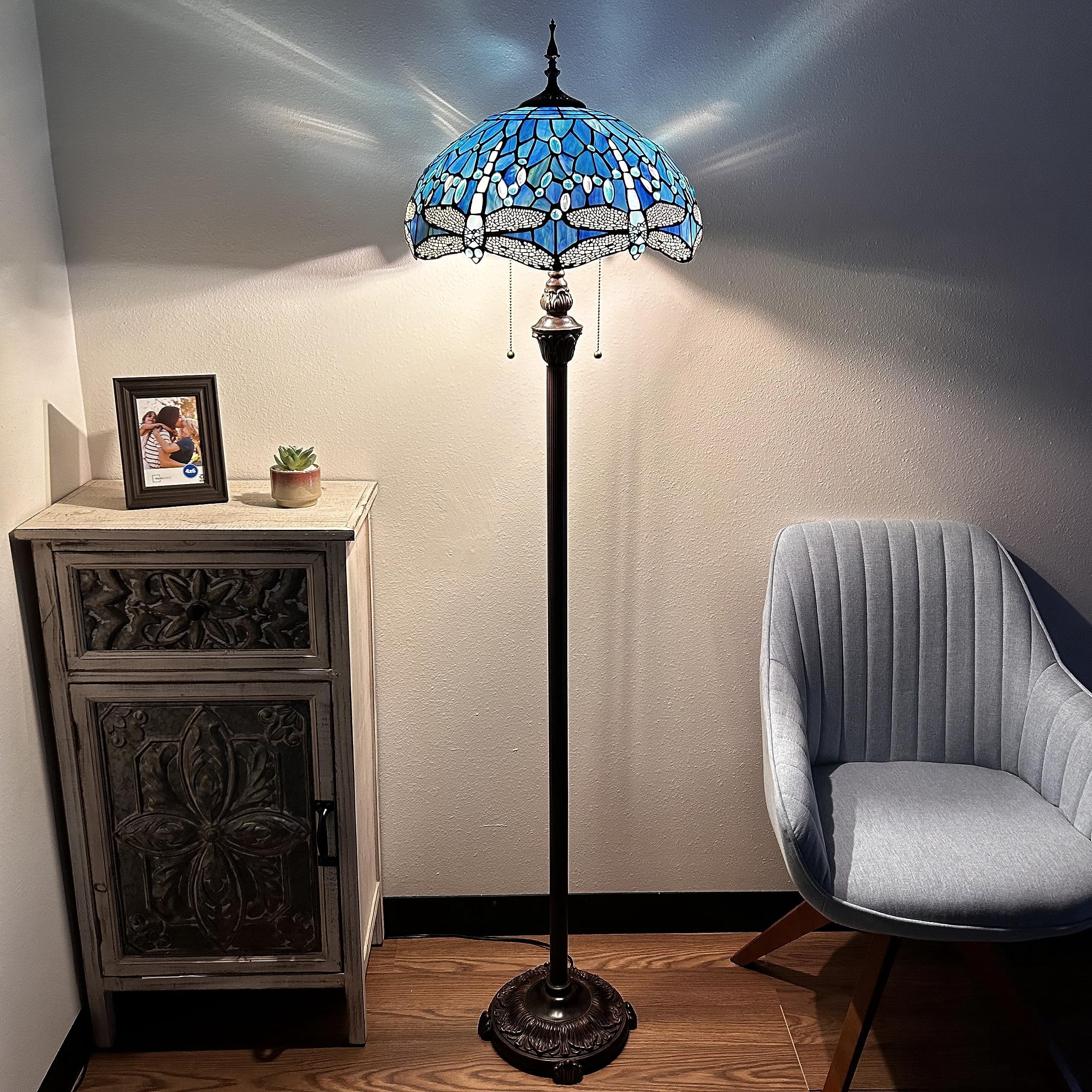 Enjoy Décor Lamps 64-Inch 2-Light Dragonfly Tiffany Style Floor Lamp with Stained Glass Blue Bowl Shade, 1 Count