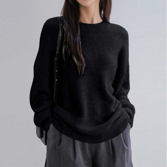 Fall Fashion Loose Knit Sweaters for Women Soft Casual Drop Shoulder Long Sleeve Sweatshirts Lazy Solid Color Round Neck Ribbed Hem Sweaters