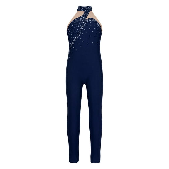CHICTRY Kids Girls Sleeveless Figure Skating Bodysuit Gymnastics Ballet Yoga Leotard Mesh Rhinestone Patchwork Jumpsuit Navy Blue 8