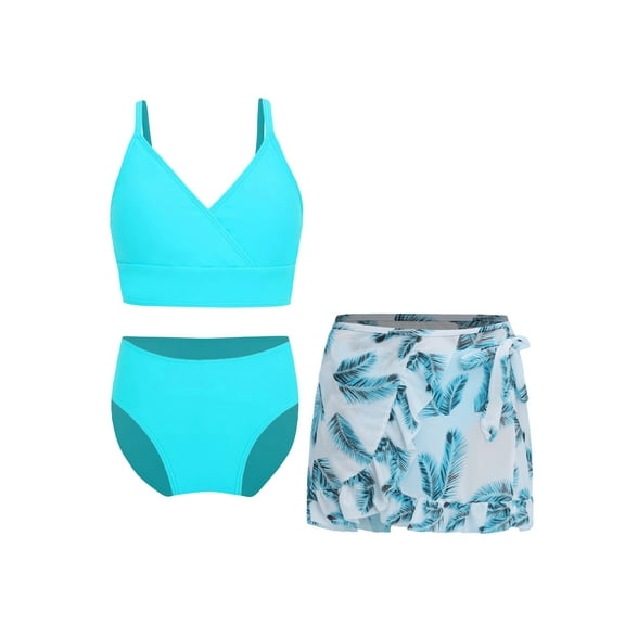 YiZYiF Kids Girls 3 Piece Swimsuit Bikini Swimwear with Beach Cover Up Skirt Lake Blue 12Y