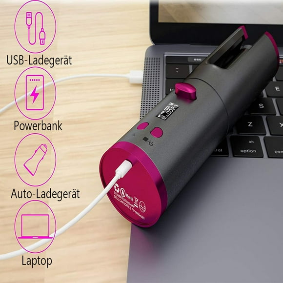 Cordless Auto Hair Curler, Automatic Curling Iron with LCD Display Adjustable Temperature & Timer, Portable Rechargeable Rotating Ceramic Barrel Curling Wand Fast Heating for Hair Styling