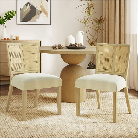 JERFIT Modern Farmhouse Rattan Dining Chairs Set of 2, Armless Upholstered Side Chairs with Cane Back, Beige and Natural Ash Finish