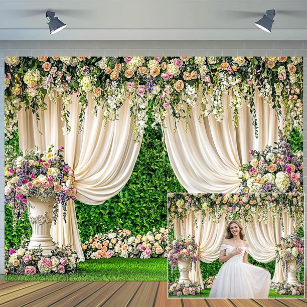 Telón de fondo floral para boda, pared, cortina blanca, fondo de fotografía para boda, despedida de soltera, compromiso, aniversario, fiesta, decoración de mesa, fotomatón, estudio