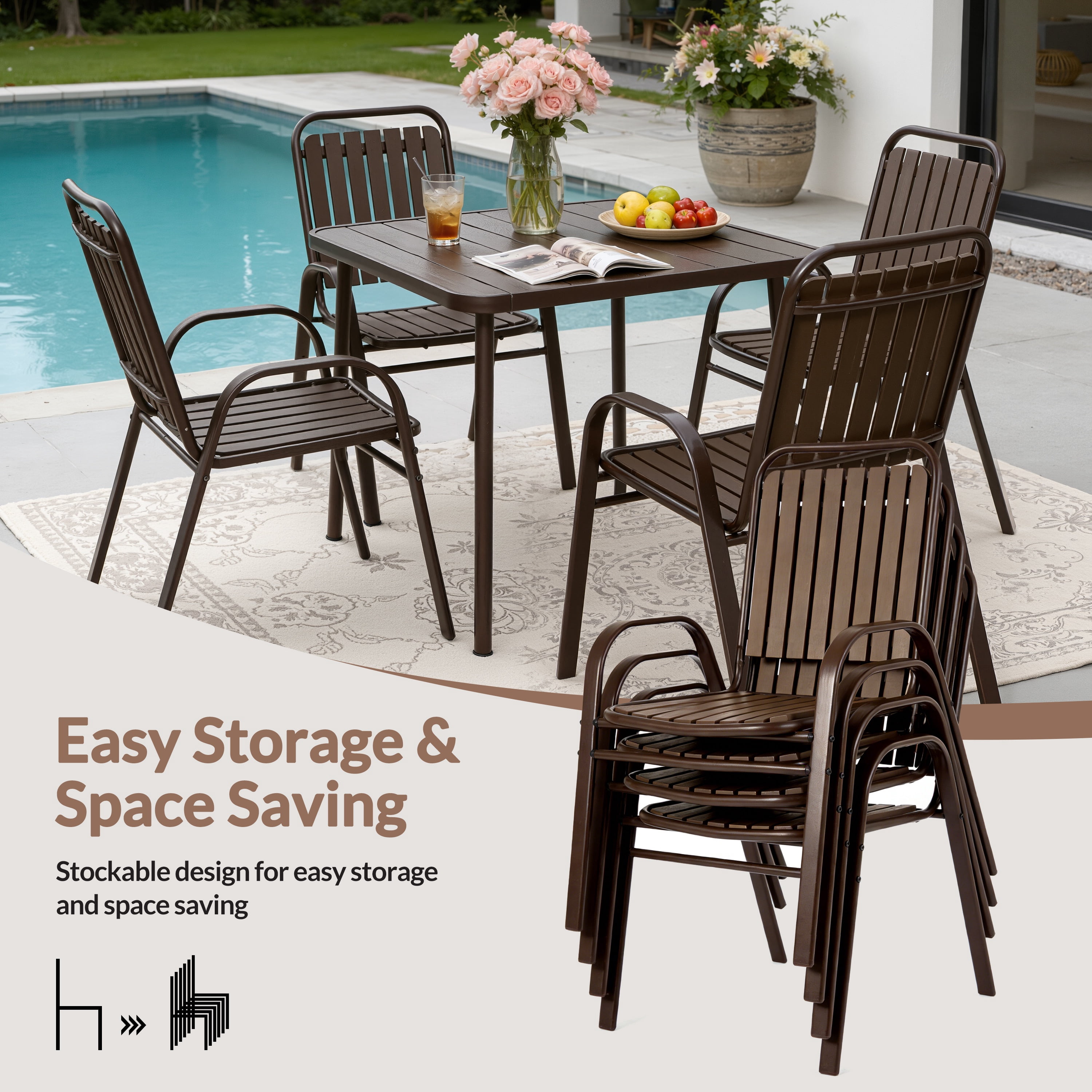 5 Piece Outdoor Dining Set, Patio Furniture Set with 4 Armrest Chairs and Steel Slat Table, All-Weather Conversation Set for Patio, Backyard, Deck, Poolside - Brown
