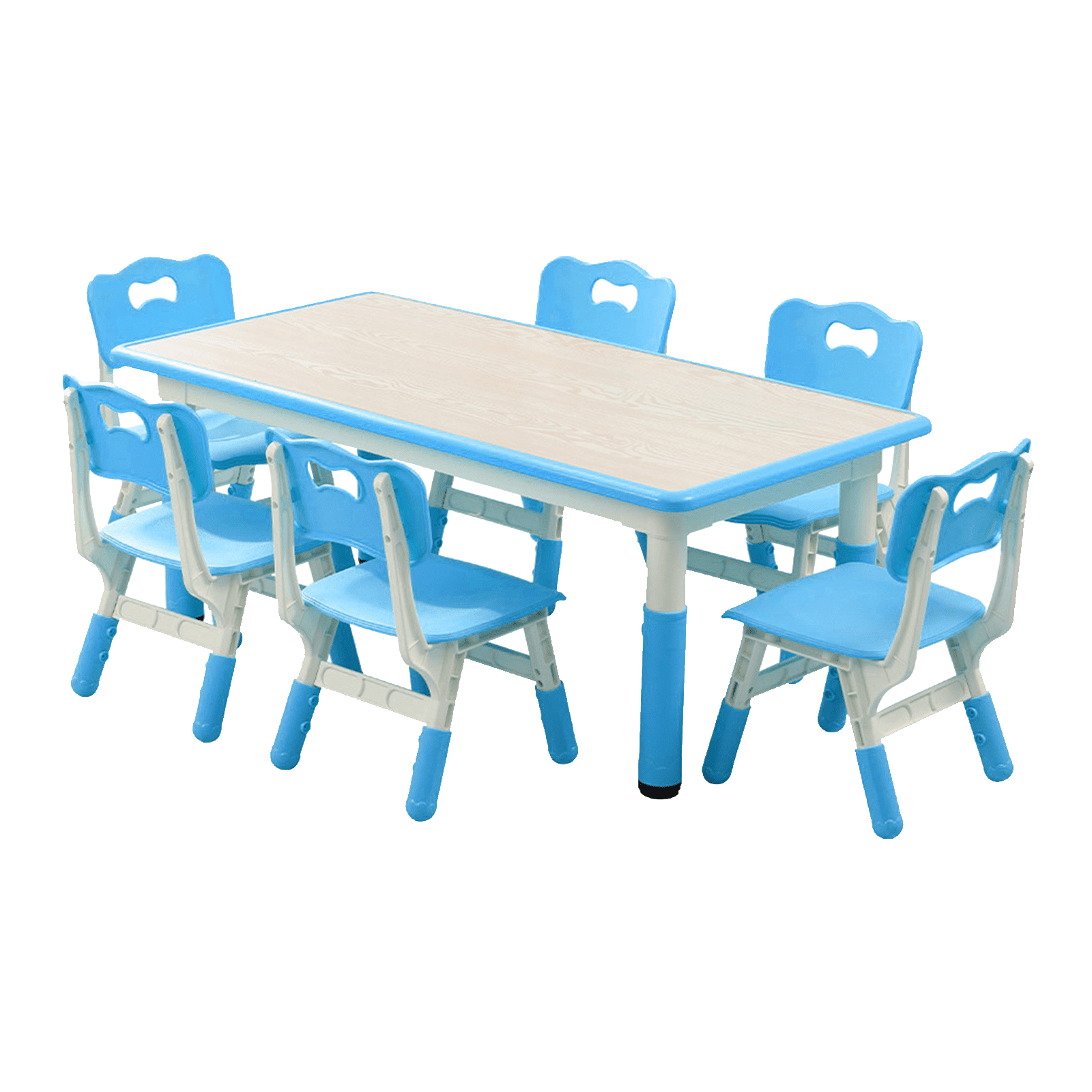 Height Adjustable Kids Table and 6 Chairs Set - Graffiti-Resistant Multi-Activity Desktop - Non-Slip Legs - Study & Craft Desk for Study Room, Home, Daycare - For Ages 2-10 - Blue