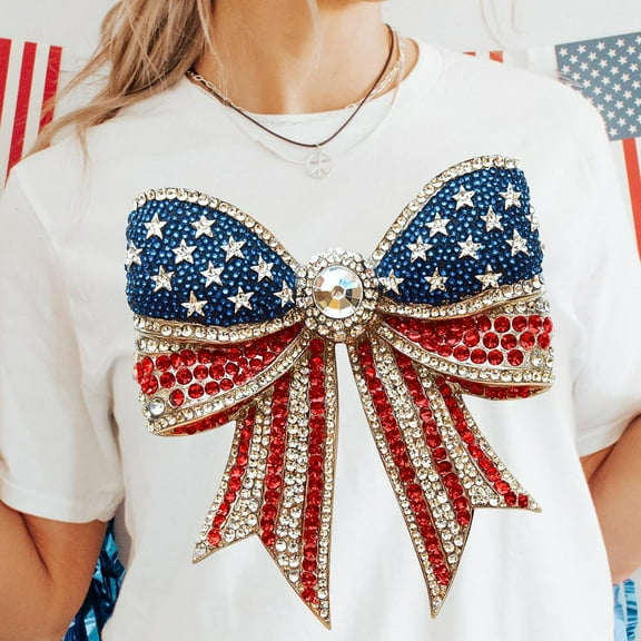 QUNHSHIRT Faux Rhinestone USA Coquette Bow Shirt, Girly Red White Blue 4th of July, Patriotic American Girl Memorial Day Shirt Unisex S-5XL Hot Trending Shirt, Vintage Birthday Gift