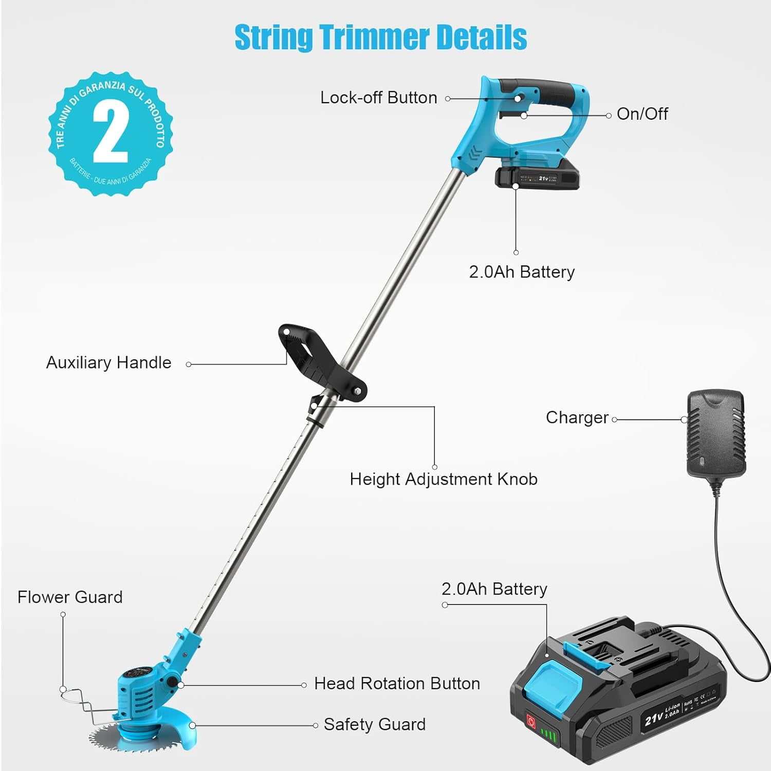 Weed Wacker Cordless String Trimmer 21V with 2 Batteries Metal Blades Adjustable Pole for Garden Yard Lawn