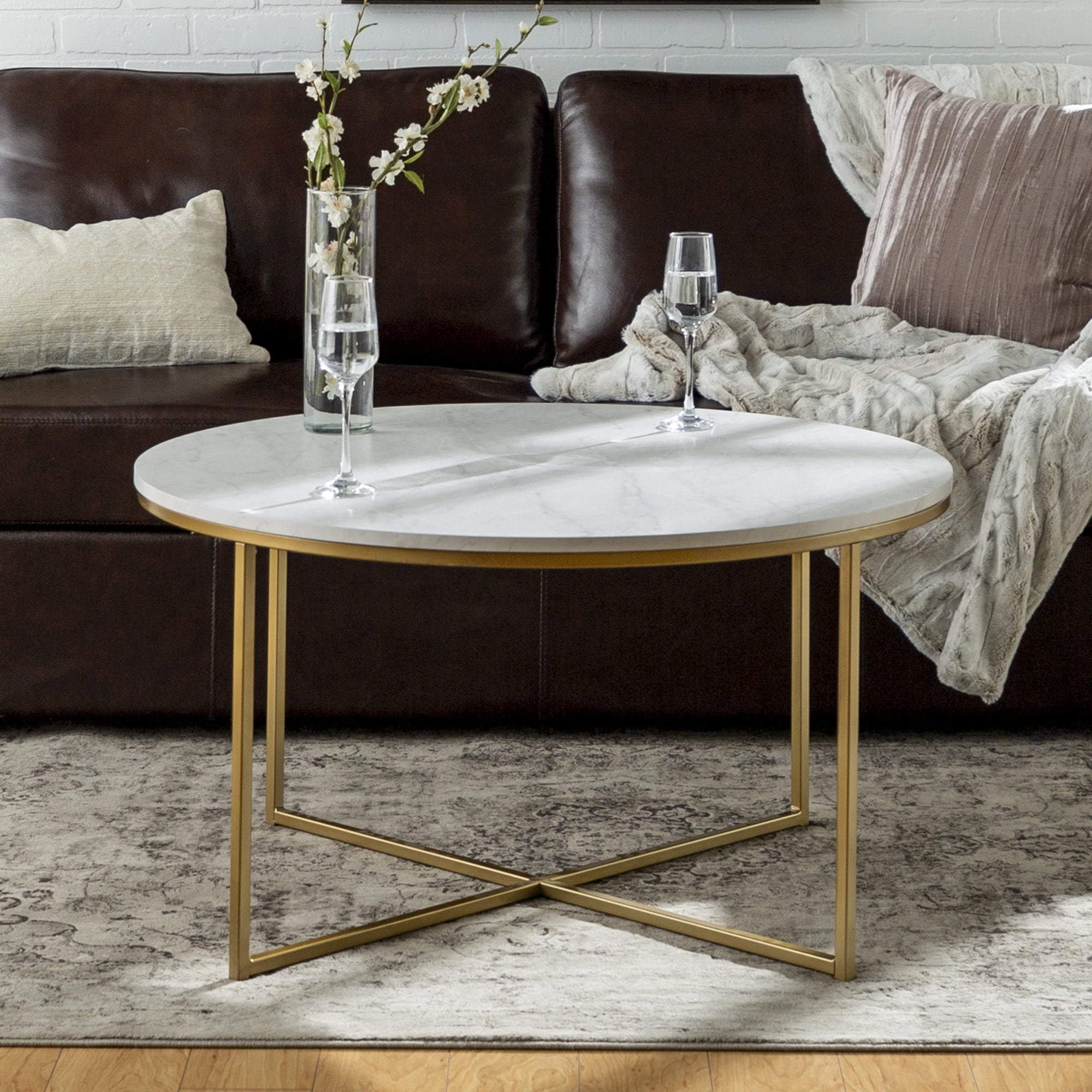Black Modern Mid-Century Coffee Table with Marble Print and Gold Legs 