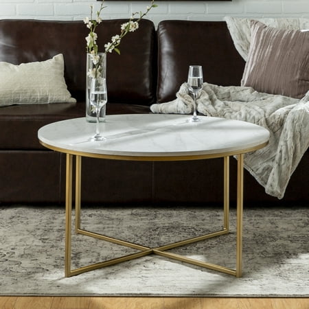 Ember Interiors Modern Round Coffee Table, Faux White Marble/Gold