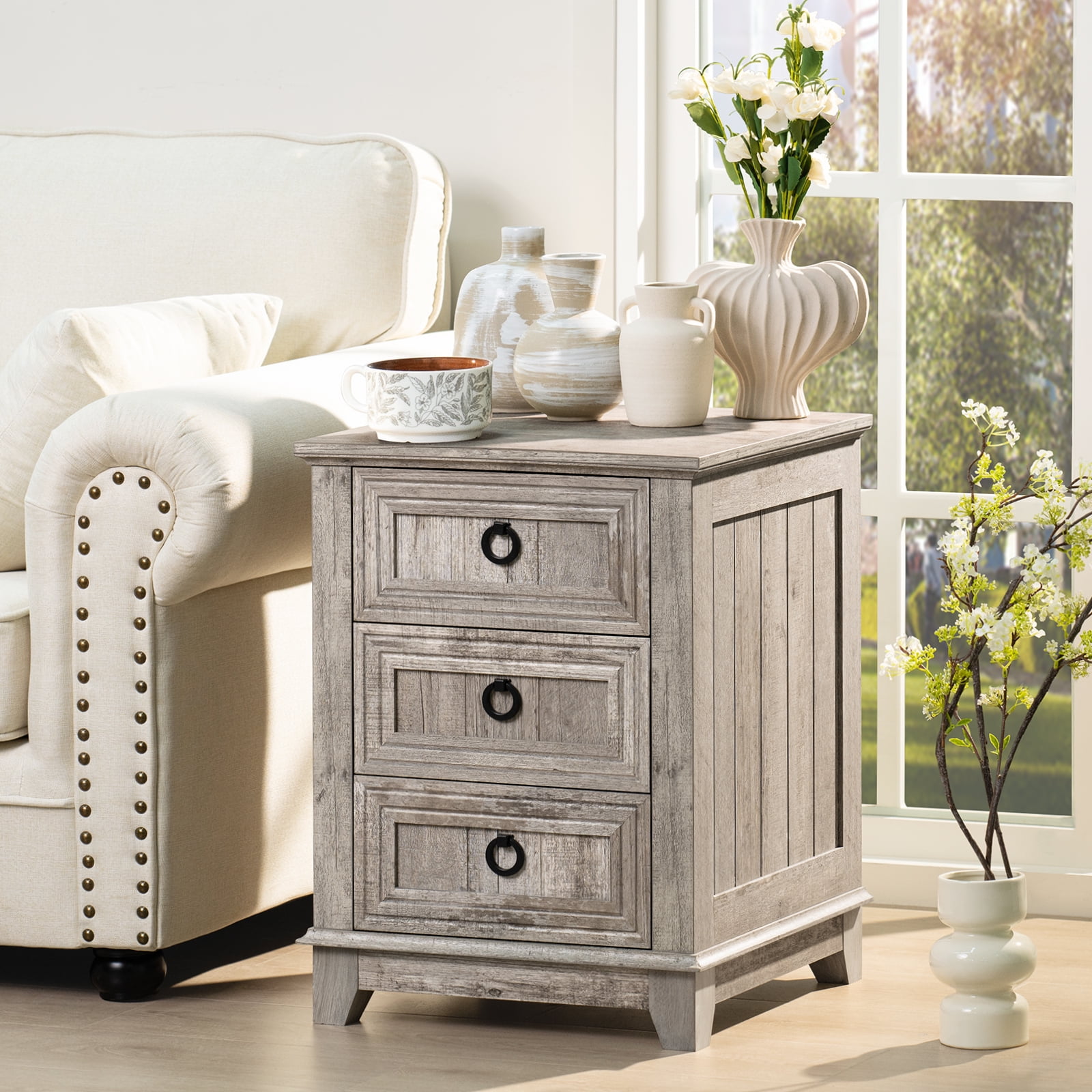 Joaxswe Farmhouse Nightstand with 3 Drawers, Wood Bedside Table Night Stand, Wide Sofa Side End Table for Living Room, Bedroom, Grey Oak
