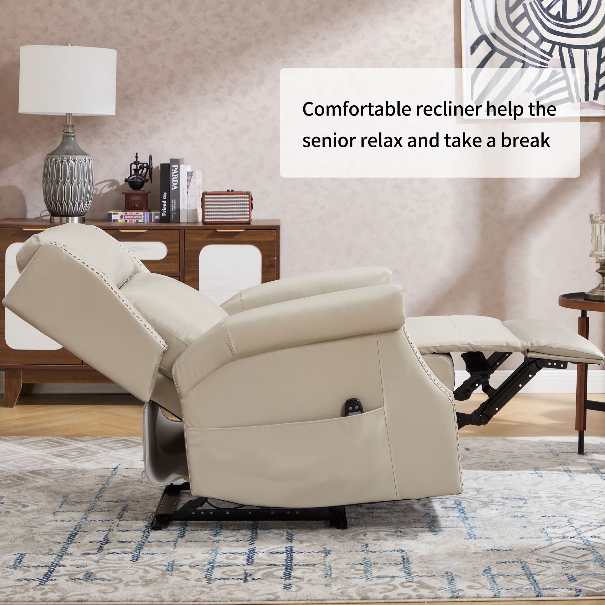 MAYEERTY Manual Massage Recliner Chair, Faux Leather Lounge Armchair with Nailhead Trim & Lumbar Heat, for Living Room Home Theater
