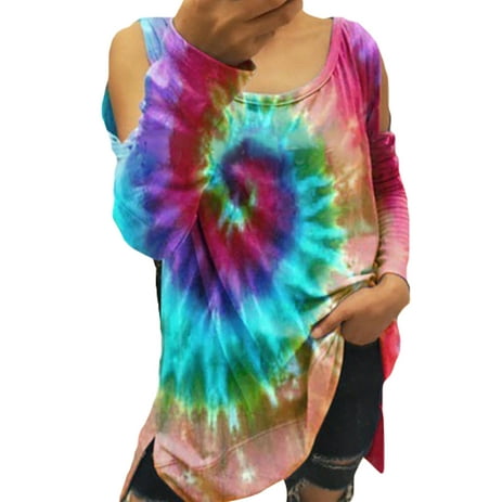 Womens Fashion Rainbow Tie Dye Tops Sexy Off Shoulder Long Sleeve T-shirt Loose Casual Tee Shirts Blouse Plus Size