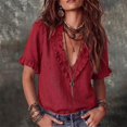 thumbnail image 2 of WGRFFH Women Cotton Linen Blouse Top,Solid Vintage Boho V Neck Short Sleeve Shirt with Ruffle Pleated Trim Neckline,Loose Fit Cute Casual Fashion Shirts for Summer Fall Work Daily Outfits Wine, 2 of 5