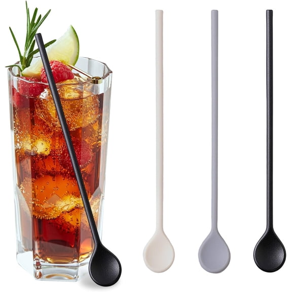 Silicone Coffee Stirrer Stick Tutuviw 3 Pcs 9. 8" Long Handle Spoon Cocktail Stirs Iced Tea Spoon Reusable Mixing Spoons for Whiskey Beverage Cocktail (Black, White, Grey)