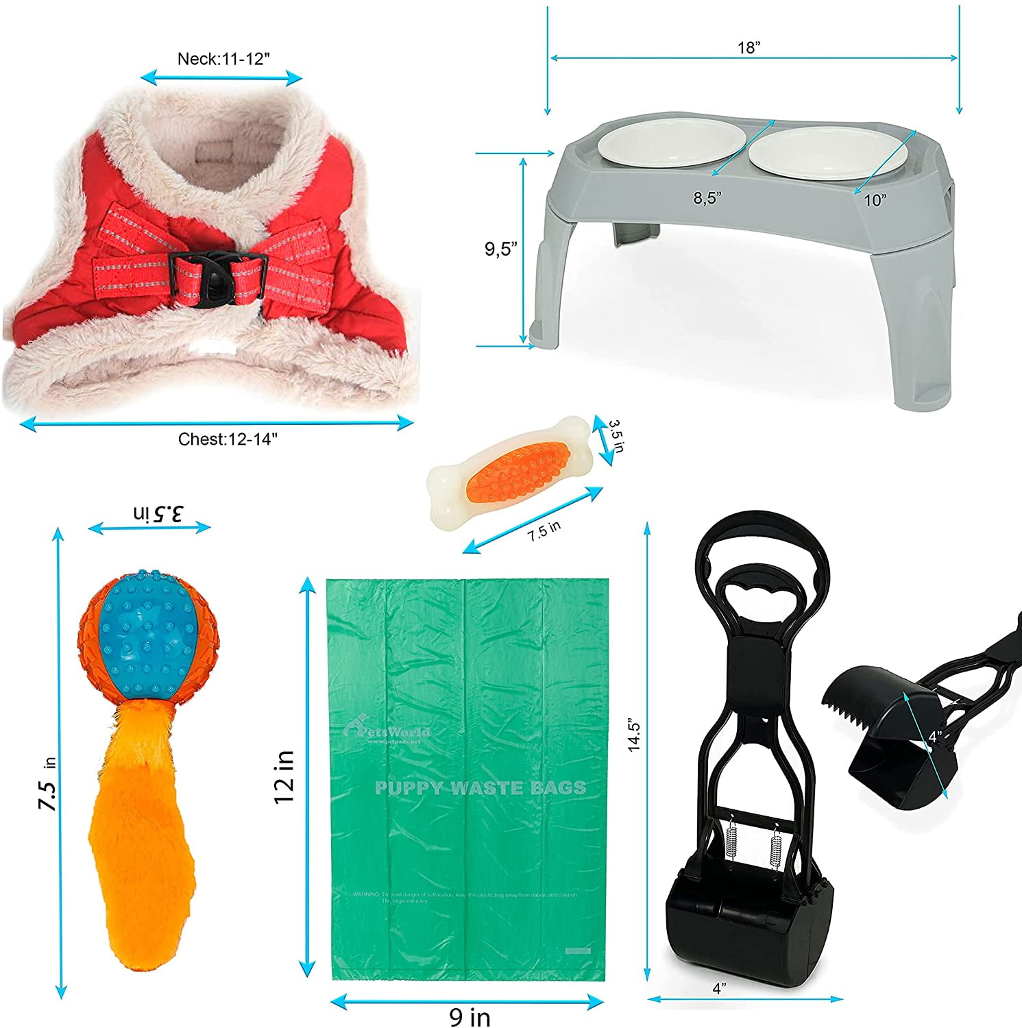 PETSWORLD Pet Starter Kit, Warm Red Harness for Small Dogs, Pet Bowl, Dog Ball Toy, Bacon Toy, Pooper Scooper + Dog Waste Bags