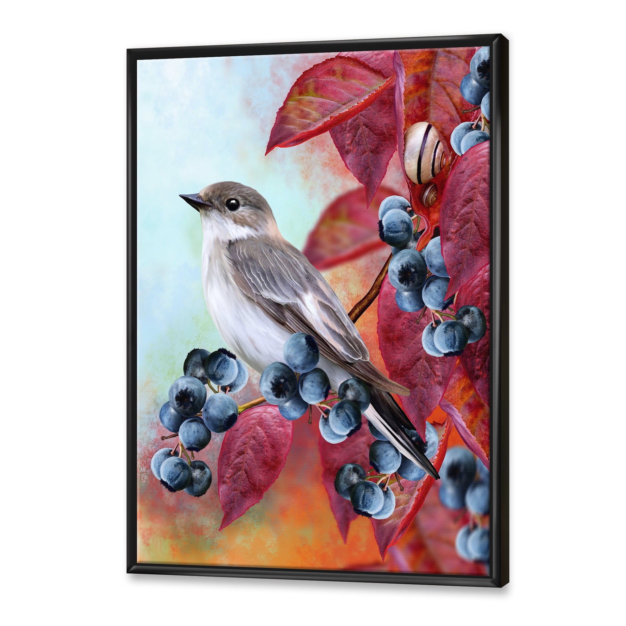 Designart 'Close Up Little Gray Bird On Red Autumn On Blueberry Twig' Traditional Framed Canvas Wall Art Print