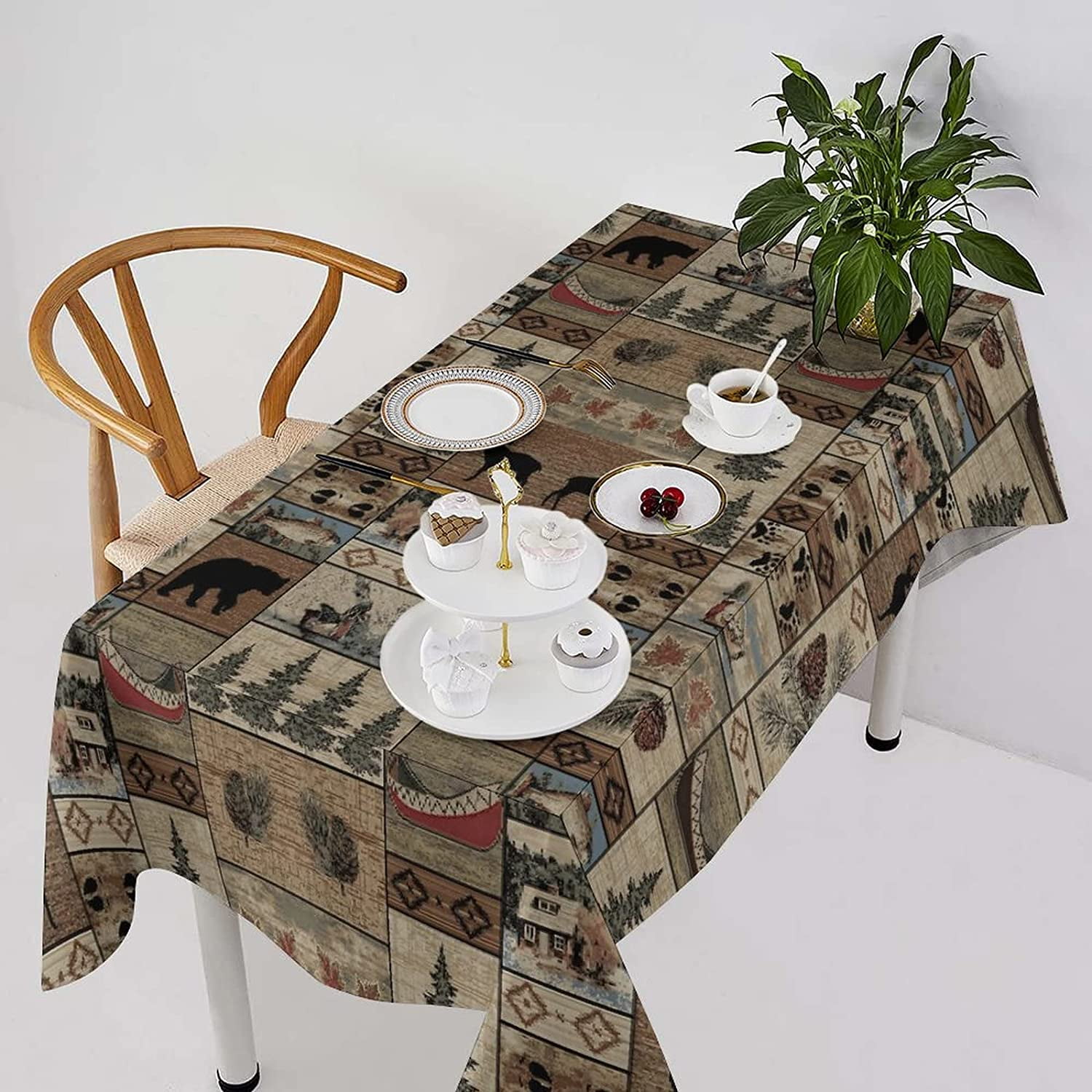 Rustic Bear Moose Deer Tablecloth, Vintage Bear Cottage Country Rustic