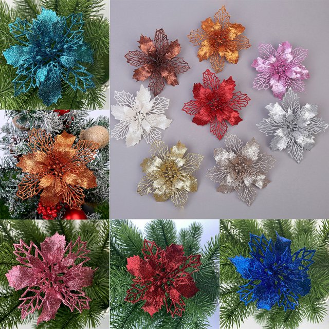 10Pcs Christmas Glitter Artificial Poinsettia Flowers Xmas Poinsettia Artificial Wedding Flowers Decorations Xmas Tree Ornaments for Party Favors, 4.4inch