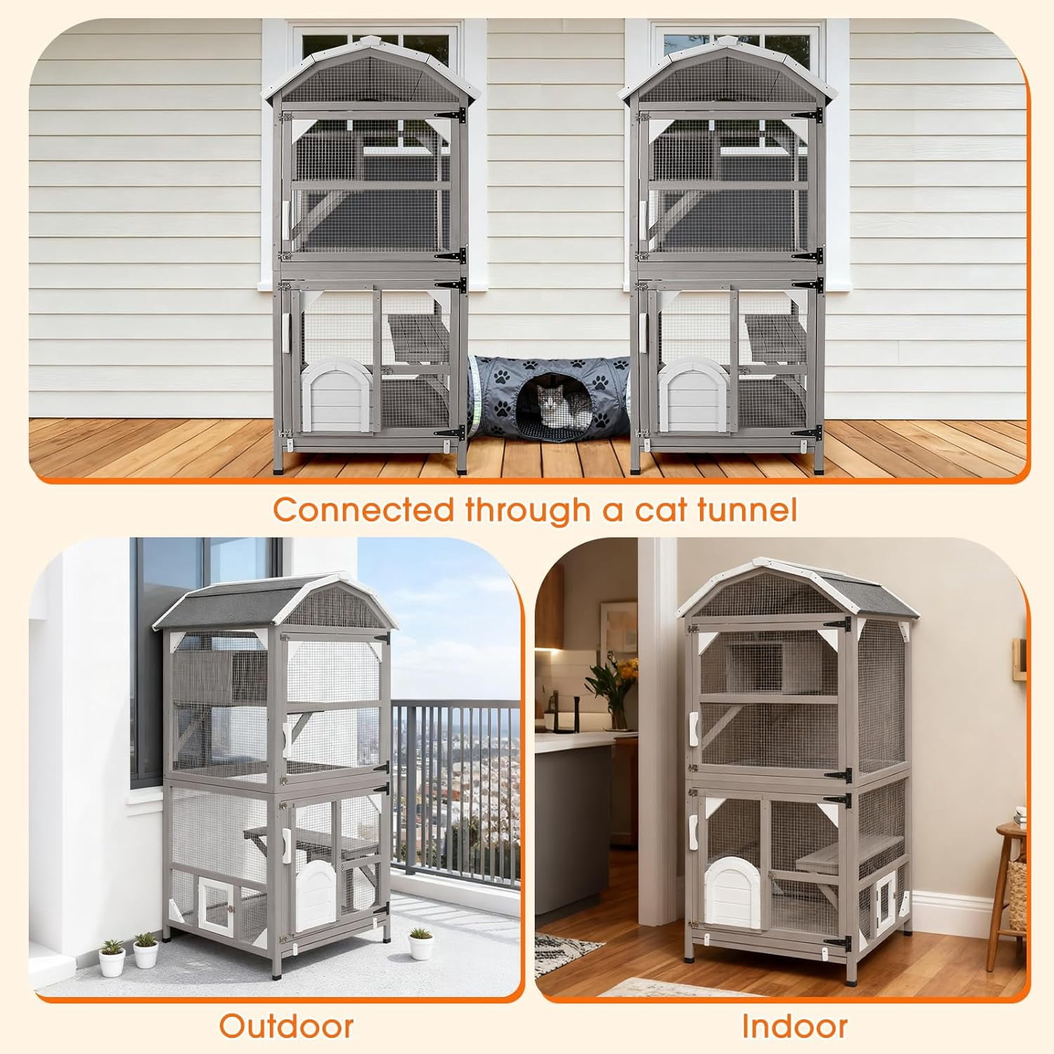 Petsblublu 71"H Outdoor Cat Enclosure Wooden Cat House 4 Tiers with Removable Floor
