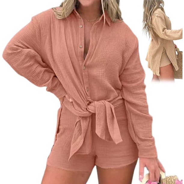 Barcelona Breeze Conjunto de vestido mameluco, verano sexy casual camisa suelta tops+pantalones cortos para mujer 2 piezas