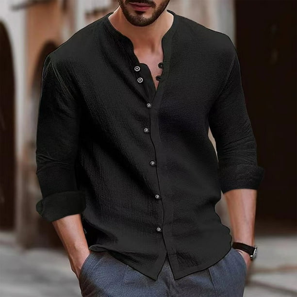 Blusas y camisas de manga larga con cuello redondo para hombre, blusa informal de moda lisa con cuello redondo y botones, blusa de manga larga para hombre.