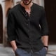 thumbnail image 1 of Blusas y camisas de manga larga con cuello redondo para hombre, blusa informal de moda lisa con cuello redondo y botones, blusa de manga larga para hombre., 1 of 6